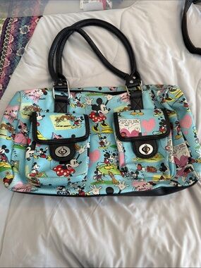 Minnie & Mickey Comic-Print Tote Bag in Light Blue with Black Trim